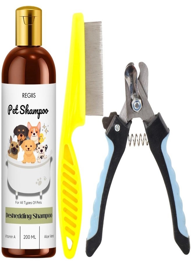 مجموعة ريجيس للعناية بالحيوانات الأليفة، شامبو لإزالة الشعر الزائد مع فيتامين أ والصبار، 200 مل، مقص أظافر معدني، مشط أصفر للبراغيث، مجموعة تنظيف الكلاب والقطط - Image 1